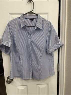 George Blue and White Striped Short-Sleeve Button-Up Blouse